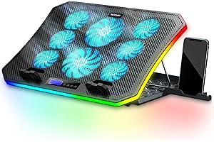Ventilateur PC Portable RVB de Jeu Bureau et Lap à l'aide, MOOJAY Refroidisseur pour Ordinateur Portable 15,6-17,3", 8 Hauteurs Réglables avec 8 Ventilateurs+Support Téléphone-Lumière LED Bleue Glace