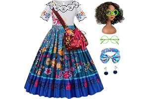Eleasica Girl Encanto przebranie dla dzieci Mirabel księżniczka sukienka peruka okulary opaska na głowę kolczyk kostium cosplay prezent na Boże Narodzenie karnawał fantazyjna sukienka, Niebieski, 120
