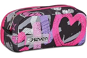 Seven Portapenne Scuola 2 Zip, Nero Fucsia, Draft Heart, Bustina Doppio Scomparto Con Organizer, Tasche ed Elastici Porta Penne, Accessori Zaino, Medie, Superiori, Bambina Ragazza