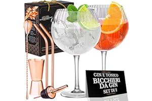 VEMACITY Set Bicchieri Gin Tonic | 2 Bicchieri a Palloncino con Effetto Increspato (550ml) | Cucchiaio Bar, Misurino e 2 Cannucce Roségold | Elegante Kit Gin Tonic Regalo | Ideale per Natale e Capodanno