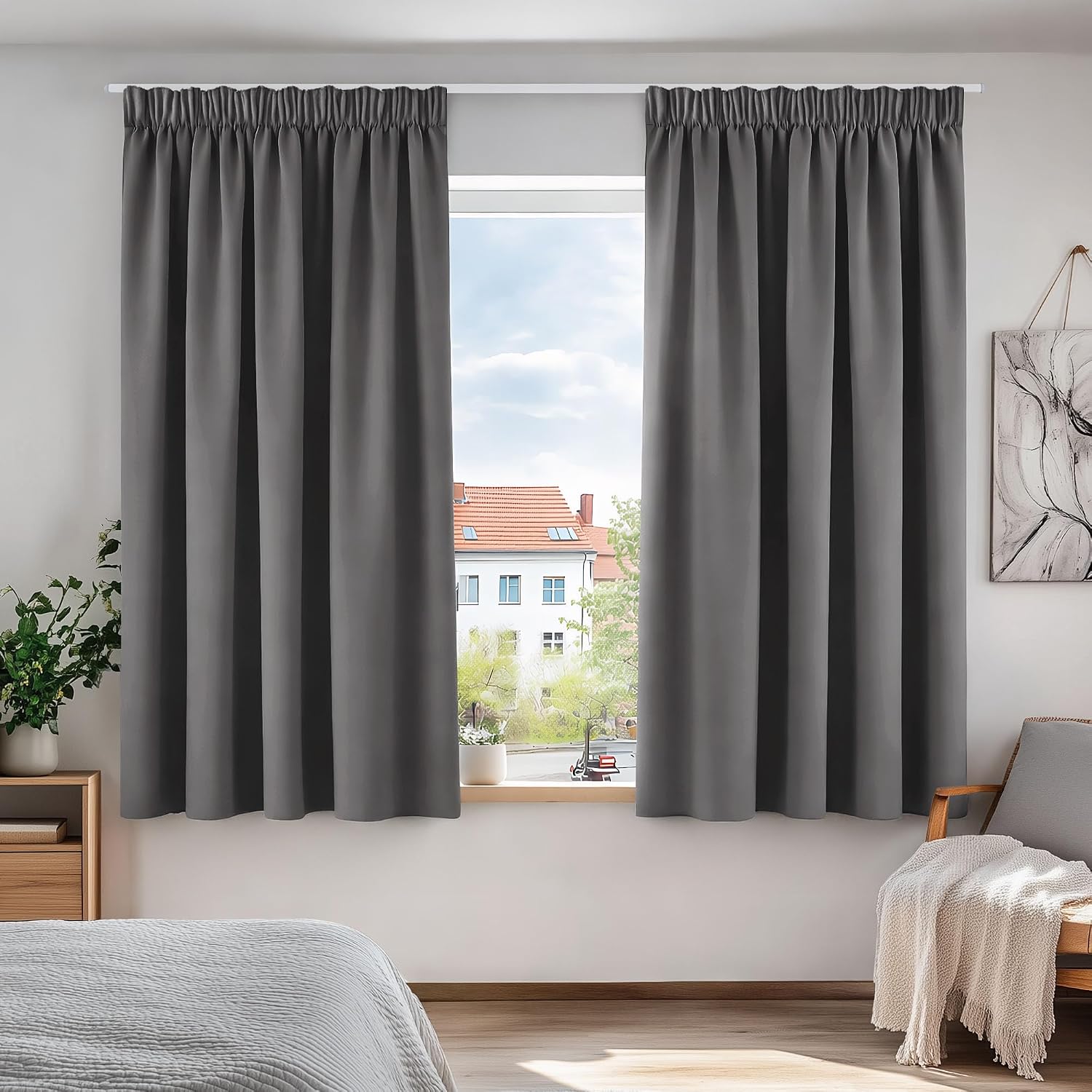 Deconovo Grey Blackout Curtains Thermal Super Soft Pencil Pleat Curtains Bedroom 46 x 54 Drop Inch Light Grey 2 Panels