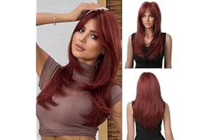 Esmee Long Straight Wine Red Wigs for Women Synthetic Layered Burgundy Synthetic Hair Wig with Fringe for Daily Party Cosplay Use-20 Inches