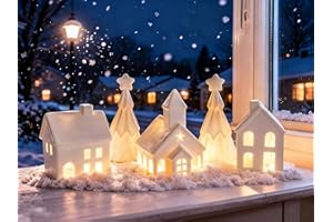 Ulable 5Pcs Ceramic Christmas Village Sets with LED Lights, White Christmas Village Ornaments - 3 Village Houses and 2 Trees, Tabletop Decorations for Home, Winter Holiday Display