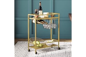 MAHANCRIS Carrello da Bar a 3 Ripiani con Ruote, Isola da Cucina, Carrello da Servizio, in Vetro Temperato, Carrello Porta Bevande per Bar e Ristorante, Dorato ARCJ40B01