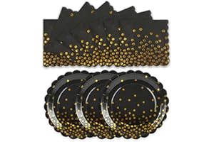 HFBOBP 50PCS Black and Gold Paper Plates and Napkins Party Supplies, 7 Inch Scalloped Dot Paper Dessert Cake Plates and Napkins Disposable Tableware Set for Birthday Graduation Decorations