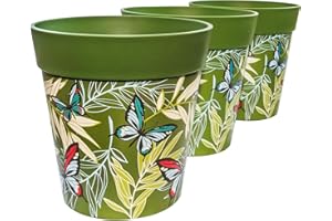 ‎HUM FLOWERPOTS Hum Flowerpots, 22 cm, 3er-Set, in Verschiedenen Farben und Mustern, Blumentöpfe aus Kunststoff für Drinnen und Draußen, Schmetterlinge Grün