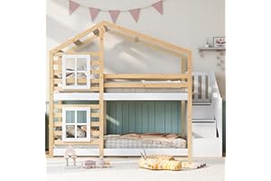 Kehun Bunk Bed Children's Bed 90 x 200 cm, House Bed for 2 Children, Bunk Bed with Wooden Slatted Frame, Wooden Bed with Drawer and Window, Tree House Bed with Fall Protection and Stairs, Natural and