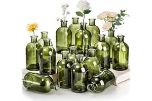 YOUEON 16 Pack Small Living Bud Vases 250ml Green Glass Vase Decorative Bottles Vintage Flower Bottle Centerpiece for Wedding Reception Home Decor Office Vintage Look
