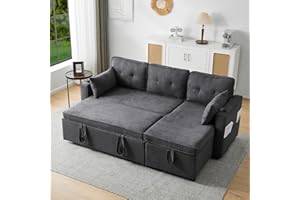 AUTHERIA Divano Letto 3 Posti con Penisola, Angolare Forma di L, Matrimoniale con Materasso, Braccioli, Vano Portaoggetti e Porta Bevande, Grigio