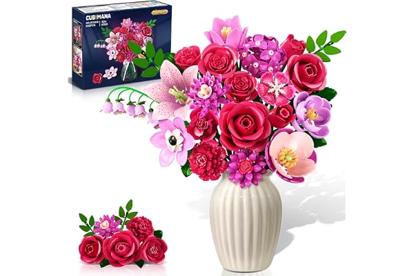 CUBIMANA Bouquet de Fleurs Costruzione avec LED - 21 Roses Rouges Collection Botanique pour Adultes, Cadeau de Saint-Valentin pour votre femme/petite amie/mère, 832PCS Plantes Artificielles pour Décor
