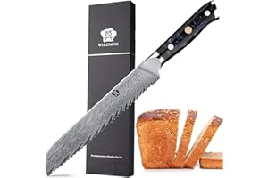 WILDMOK Cuchillo de pan de acero de Damasco, cuchillo de pan dentado de 20 cm, mango ergonómico de resina de espiga completa, afilado como una navaja Hermoso patrón de plumas de acero