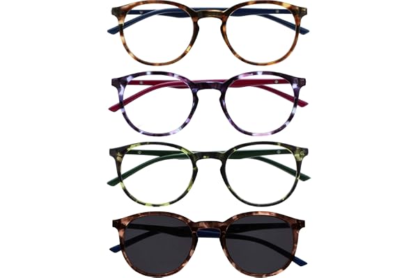 OPULIZE Met Pack 4 Lunettes De Lecture Avec Lecteur Soleil Grand Rond Brun Pourpre Vert Hommes Femmes RRRS60-2562 +1,50