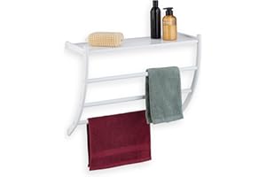 Relaxdays Porte-Serviettes Mural, HxLxP: 44 x 56,5 x 23 cm, Tablette & 3 Barres, Support Serviettes Salle de Bain, Blanc