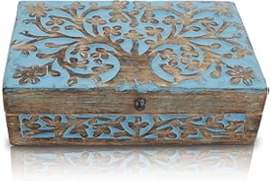 THE GREAT INDIAN BAZAAR Grande regalo di compleanno fatto a mano decorativo portagioie legno albero della vita intagliare gioielli scatola dei ricordi scrigno del tesoro porta orologi scatola di serratura scatola 20 x 12 cm