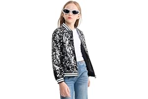 LOLANTA Girls Sequin Bomber Jacket with Pockets Zipper Long Sleeve Sparkle Baseball Jackets