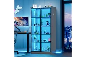 yoofun 65" Display Cabinet with Acrylic Double Doors with Lights, 5 Tier Curio Tall Storage Cabinet with Adjustable Shelves, Transparent Figures Display Case for Living Room Office (Grey)