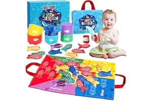 BBLTIFF 22 Pezzi Giochi Bambini 1 Anno, Gioco Pesca Bambini con 15 Pesci, 5 Tazze Impilabili, Canne da Pesca, Borse, Giochi Montessori 1 2 3 Anno, Regalo Bambino 1 2 Anno, Regali per Bambini 1 2 Anni