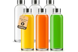 volila Bottiglie Vetro per Acqua con Coperchi - Confezione da 6 Bottiglie Vetro 500ml, Bottiglie per Acqua, Succo e Latte - Water Bottle da 18oz con Tappi in Metallo Ermetici, Spazzola e Etichette