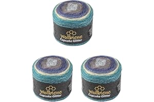 WOLLBIENE Cupcake Glitter Simli 2140 - Ovillos de lana para tejer y ganchillo (3 x 150 g, 450 g), lana turca degradado (petróleo, turquesa, gris 2140)