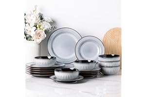 LeRatio Dinner Sets for 6 People, 18 Pieces Handcrafted Embossed Stoneware Plates and Bowls Set, Scratch Resistant Reactive Glaze Dinnerware Set, Dishwasher, Microwave Safe Crockery Set, Stain Blue