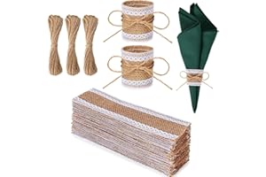 SYZOW 100 pièce Ronds De Serviette en Toile de Jute Ronds De Serviette De Table Anneau Serviette De Table Décoration De Table pour Mariage, Banquet, Fête, Anniversaire (Dentelle des côtés)