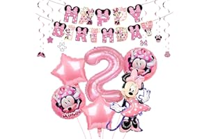 ANBOBILI Globo Cumpleaños 2, Globos de Cumpleaños Minnie, Globos de Aluminio, Globos Fiesta Niña, Decoracion Cumpleaños 2 Años con Globos, Banner y Remolinos Colgantes, para Decoración de Cumpleaños Niña