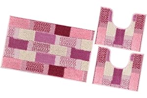 emmevi Tappeto Bagno Parure Morbido Girowater Antiscivolo Assorbente Lavabile MOD.Lilla Set 3 Pezzi Rosa