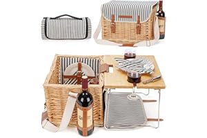 WILLOW WEAVE Wicker Picnic Basket for 2, 2 Person Picnic Kit, Willow Hamper Service Gift Set with Blanket Portable Bamboo Wine Snack Table for Camping and Outdoor Party
