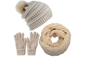 Joligiao Bufanda Conjunto de Gorro Invierno Gorro de Pompón Cálido Guantes Set de Bufanda Cómodo Lana Punto Guantes Hombre Pantalla Táctil Guantes Sombrero Pompón Mujer