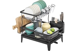 SONGMICS Égouttoir à Vaisselle, 2 Niveaux, Organisateur de Plan de Travail, Bec Rotatif à 360° et Extensible, Bac d’Égouttement, Porte-Couverts, 31 x 42 x 36,5 cm, Noir d'encre KCS551BH01