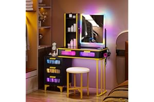 Lvifur Tavolo da toeletta RGB con ricarica wireless, 7 colori, dimmerabile, con ripiani e sgabello in velluto, set da toeletta con connettore USB di tipo C, adatto per soggiorno, camera da letto