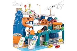 TEMI Boys Dinosaur Race Track Playset, Kids Car Garage Parking Adventure Toy with 10 Mini Cars, Educational Toy Ramp Playset for 3 4 5 7 8 Year Old Toddler Boys Preschool