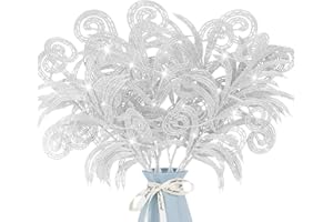 KUNJOCY 12 Pcs Glitter Christmas Leaves, Artificial Leaf Spray Picks Christmas Foliage Christmas Tree Filler Branches Christmas Wreath Decor for DIY Wreath Wedding Table Centerpiece Decorations (Silver)
