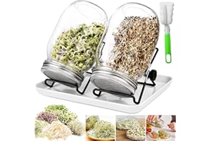 AIPWERER Szklanka na kiełki, zestaw 2 szt. – 950 ml, zrównoważona, generyczna z pokrywką, duży słoik Mason Jar i z wysokiej jakości 2 pokrywkami ze stali nierdzewnej, 2 stojakami, 1 miska do kiełkowania kiełków, kiełkowania