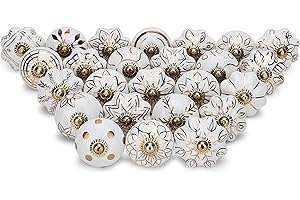 Craft Trade Cabinet Knobs for Kitchen Ceramic Door White Gold Designed Cupboard Draws Knobs for Drawers Assorted Vintage Colorful Furniture - Pack of 20