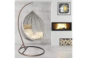 GOODS EMPORIUM Luxury Rattan Hanging Egg Chair Outdoor & Indoor Garden Swing Chair Hammock with Cushions - RAIN COVER INCLUDED (Large, Brown - Grey - Beige)