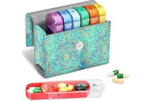 FINPAC Pastillero Semanal 4 Tomas 7 Días, 28 Compartimentos Organizador Medicamentos con Estuche de Cuero PU y Nombre de Tarjeta, Vitamina Caja de Almacenamiento para Viaje,