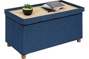 Bonlife Cassapanca, Pouf Contenitore, Portaoggetti Baule, Poggiapiedi Pieghevole Rettangolare， per Ingresso, Soggiorno e Camera da Letto, Blu， 76x38x38 cm