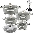 LIFE SMILE Cookware Set Granite Stone - Pots and Pans set Multi Layer Granite Non Stick Coating Cookware Sets 100% PFOA FREE, Kitchenware Cooking Sets and Frying Pans (Grey (17 Pieces))