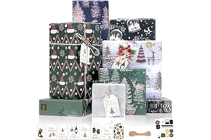 Larcenciel Papel de Regalo Navidad + Etiqueta de Regalo + Pegatina + Cuerda de Yute, 8 Hojas Papel Regalo Kraft Grueso, Papel Envolver Nieve Bosque Mate para Año Nuevo, Fiestas, Cumpleaños, 70x50 cm