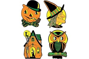 Beistle 01009 4 Piece Retro Vintage Happy Halloween Cut Outs Wanddekorationen - Katze, Hexe, Eule, Jack O Laterne Partyzubehör, Papier, Mehrfarbig