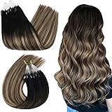 Ugeat Extension Anellini Capelli Veri 40cm Extension Capelli Veri Microring Balayage Nero a Marrone con Biondo (#1B/4/27) Mic
