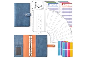 30 Raccoglitori per Bilancio con Busta, TOYESS Raccoglitore A6, in Pelle, con 12 Tasche con Cerniera, 12 Fogli di Budget, 2 Adesivi per Bilancio Planner, Blu Denim