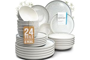 Steingut Geschirrset 6 Personen Ibiza 24 tlg. TESTSIEGER, Traumhaftes Mediterranes Steingut Geschirr Set, Schüssel- und Teller Set, Tafelservice 6 Personen, Geschirrsets Pure Living in Beige