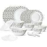Larah by Borosil Sage Silk Series Opalware Dinner Set | 35 Pieces for Family of 6 | Microwave & Dishwasher Safe | Bone-Ash Fr