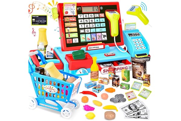 Joellfuner Jouet Caisse Enregistreuse pour Enfants - Inclut 46 Accessoires (Vraie Calculatrice, Scanner Son et LumièRe, Chariot de Courses, etc.), Jeu de Rôle pour Garçon Fille de 3+ Ans