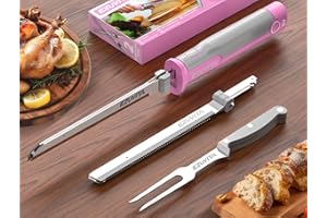 EZUVITA 8V Cordless Electric Knife Set, Rechargeable Electric Carving Knife with Reciprocating Blades, Fork, interchangeable 2000mAh Battery, Suitable for Turkey, Meat, Poultry, Bread, Cheese (Pink)
