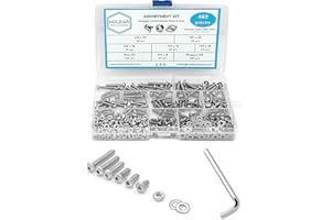 NOLDAR | Surtido de tornillos allen con cabeza botón, tuercas hexagonales y arandelas planas. Kit tornillería de acero inoxidable de 480 piezas. Métrico M4. Longitudes desde 8 mm hasta 25 mm.
