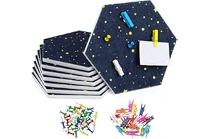 Kinsinder Tablero de fieltro hexagonal, 8 unidades, autoadhesivo, con 20 agujas de clavos y 20 pasadores multicolor con clips de madera para oficina, cocina, dormitorio, decoración de pared