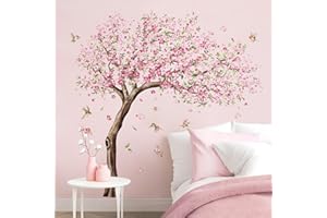 Tanlaby Adesivi Murali Albero Grande Fiori di Ciliegio Adesivi da Parete Fiore Rosa Uccelli sul Ramo Albero Decorazione Murale per Camerette Bambini Soggiorno Camere Ragazze